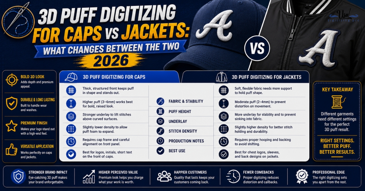 3D Puff Digitizing for Caps vs Jackets: What Changes Between the Two 2026