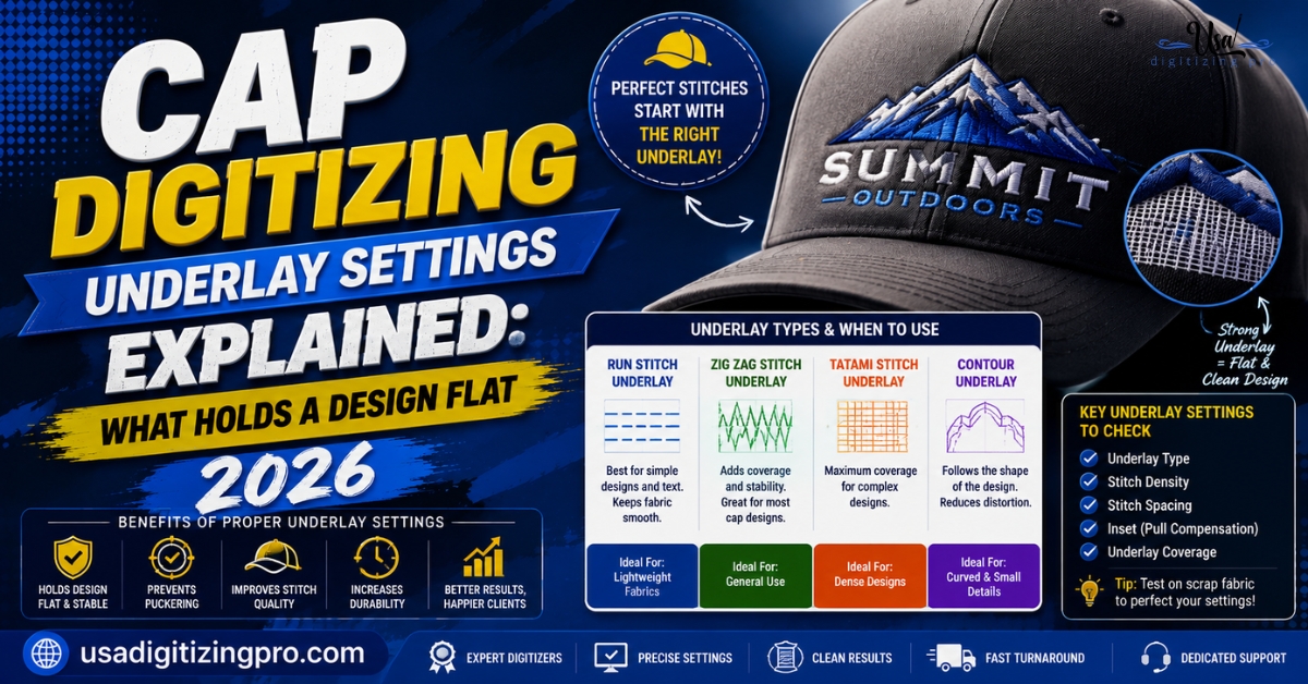 Cap Digitizing Underlay Settings Explained: What Holds a Design Flat 2026