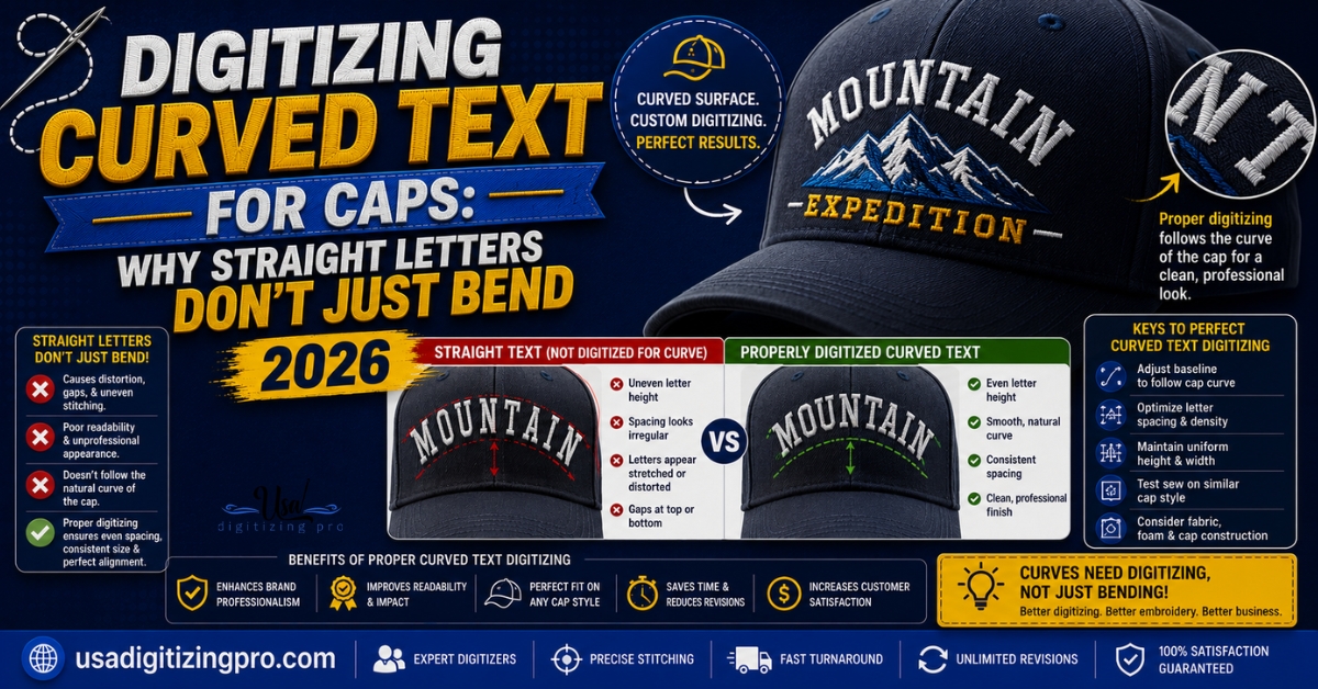 Digitizing Curved Text for Caps: Why Straight Letters Don't Just Bend 2026