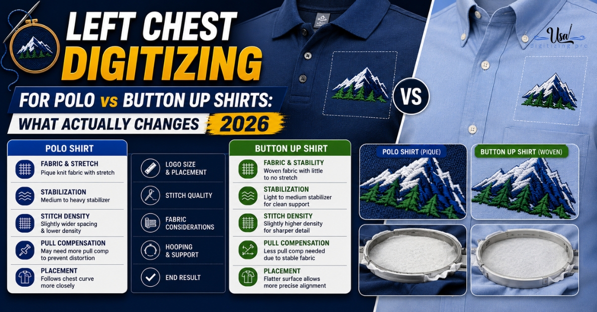Left Chest Digitizing for Polo vs Button Up Shirts: What Actually Changes 2026