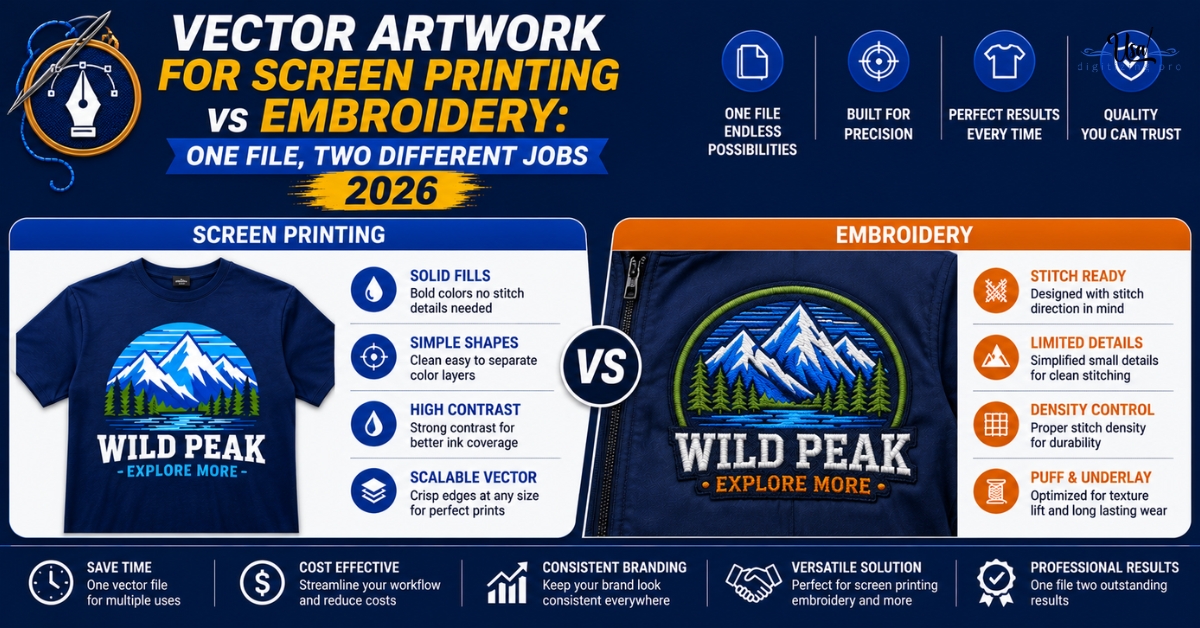 Vector Artwork for Screen Printing vs Embroidery: One File, Two Different Jobs 2026
