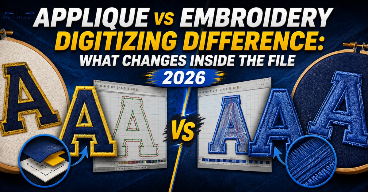 Applique vs Embroidery Digitizing Difference: What Changes Inside the File 2026